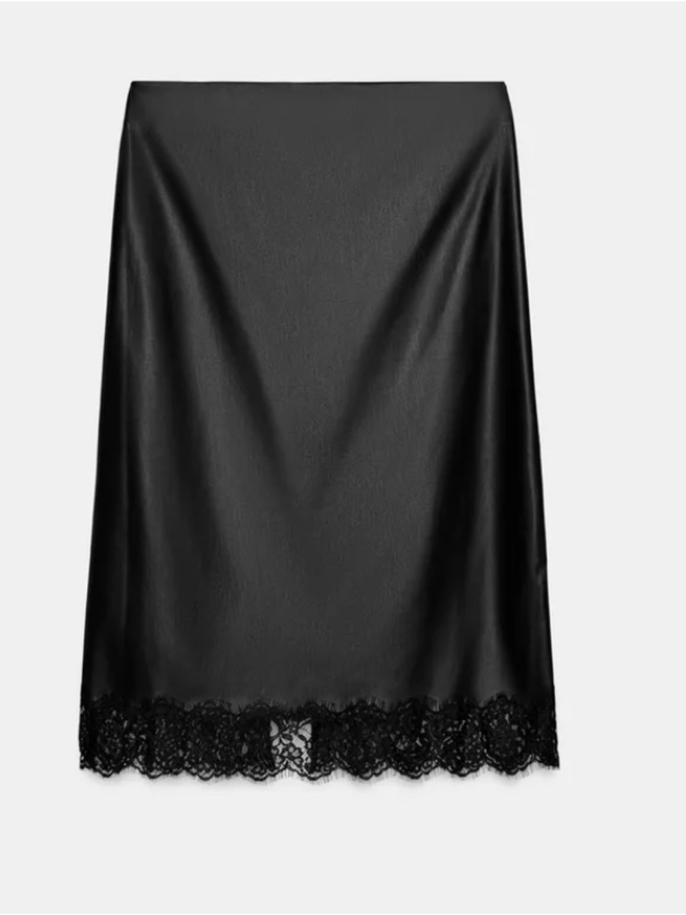 Zara Black Satin Midi Skirt with Lace Trim